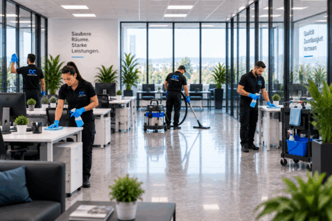 Mehrere Reinigungskräfte reinigen Arbeitsplätze und Böden in einem Büro